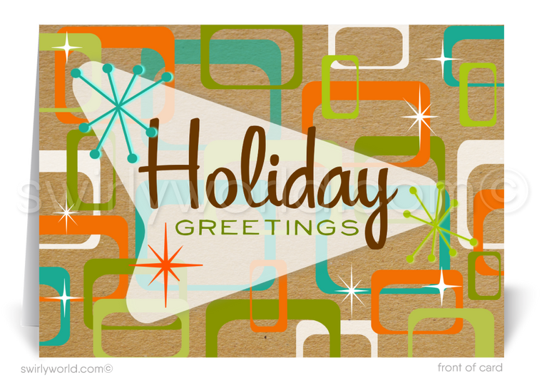 Step back in time with our exclusive atomic retro modern Holiday card design, reminiscent of a bygone era that evokes the warmth and nostalgia of yesteryears. This one-of-a-kind holiday card is a testament to classic MCM abstract elements with iconic colors of orange, aqua blue, pea green against a kraft paper like background.