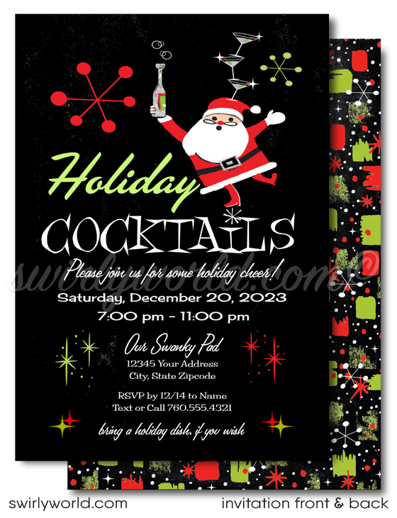 Vintage Santa Claus Holiday Cocktail Party Invitations in Retro Mid-Century Modern Style