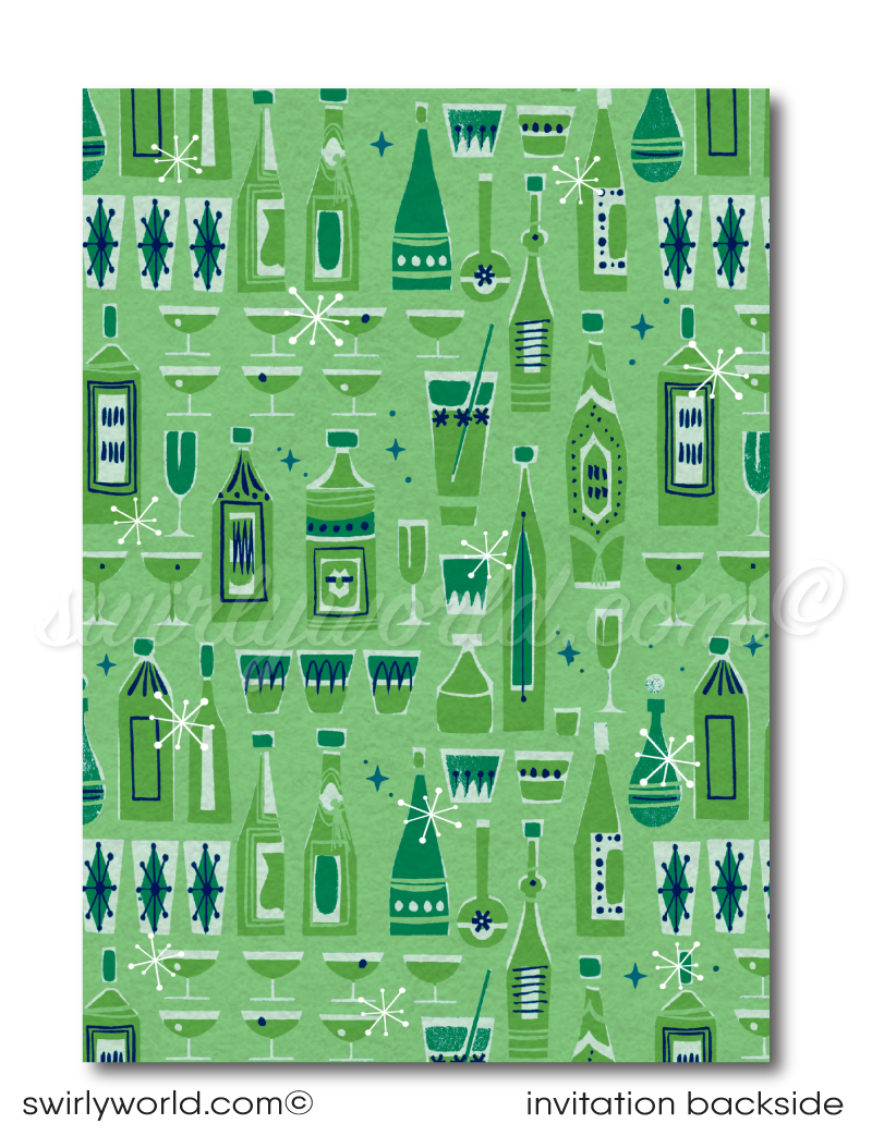 Retro Mid-Century Atomic Modern Vintage Cocktail Christmas Holiday Party Invitations