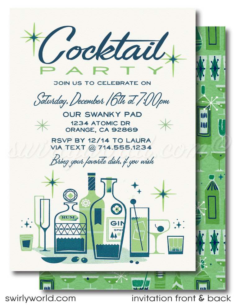 Retro Mid-Century Atomic Modern Vintage Cocktail Christmas Holiday Party Invitations