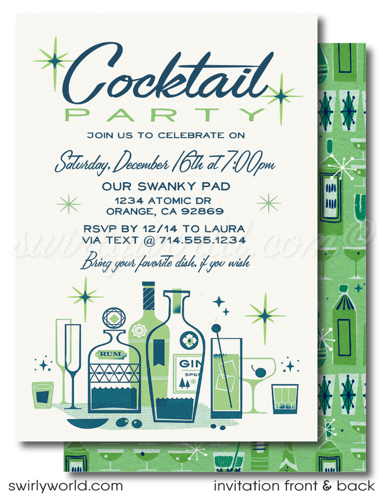 Atomic Mid-Century Modern 1950's Retro Mod Holiday Cocktail Party Invitation Digital Download