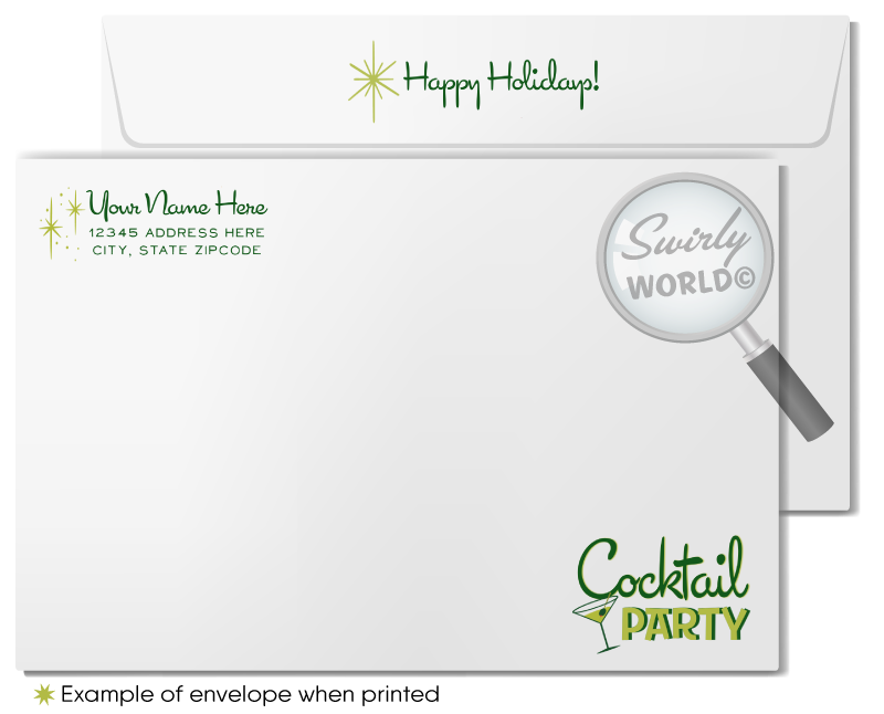 These 1950s-1960s style holiday cocktail party invitations are a perfect blend of nostalgia and festive flair, capturing the magic of the season with a touch of retro charm. 