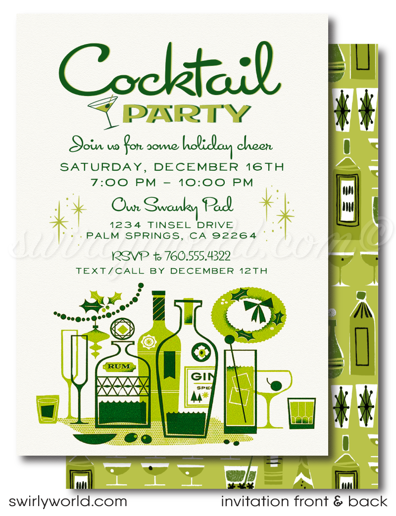 These 1950s-1960s style holiday cocktail party invitations are a perfect blend of nostalgia and festive flair, capturing the magic of the season with a touch of retro charm. 