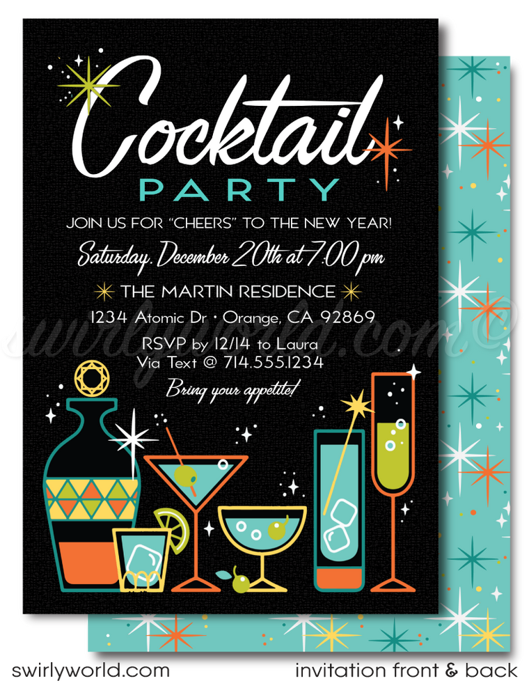 Atomic Retro Mid-Century Modern Cocktail Party Invitation Digital Download