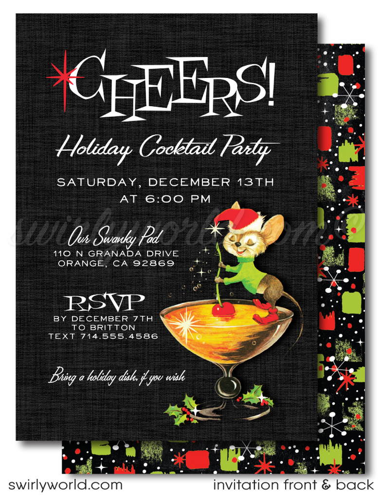  Embrace the festive spirit with this swanky 1950s mid-century modern cocktail party design that exudes vintage elegance. The beguiling Santa Mouse perched atop a martini glass adorned with holly is the centerpiece of this dazzling holiday party invite.
