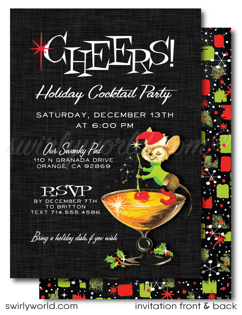  Embrace the festive spirit with this swanky 1950s mid-century modern cocktail party design that exudes vintage elegance. The beguiling Santa Mouse perched atop a martini glass adorned with holly is the centerpiece of this dazzling holiday party invite.