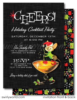  Embrace the festive spirit with this swanky 1950s mid-century modern cocktail party design that exudes vintage elegance. The beguiling Santa Mouse perched atop a martini glass adorned with holly is the centerpiece of this dazzling holiday party invite.