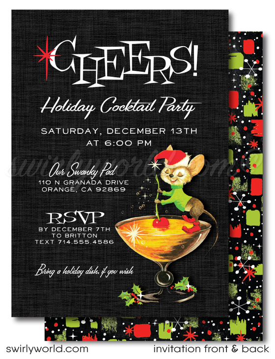 Celebrate in style with Swirly World's Retro 1950s Holiday Cocktail Party Invitations. Featuring a charming Santa Mouse perched on a martini glass with holly, these customizable invites exude mid-century modern elegance. Perfect for adding a vintage touch to your festive gatherings!
