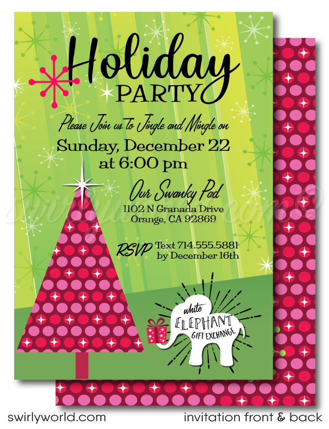 Retro Modern White Elephant Gift Exchange Christmas Holiday Party Invites