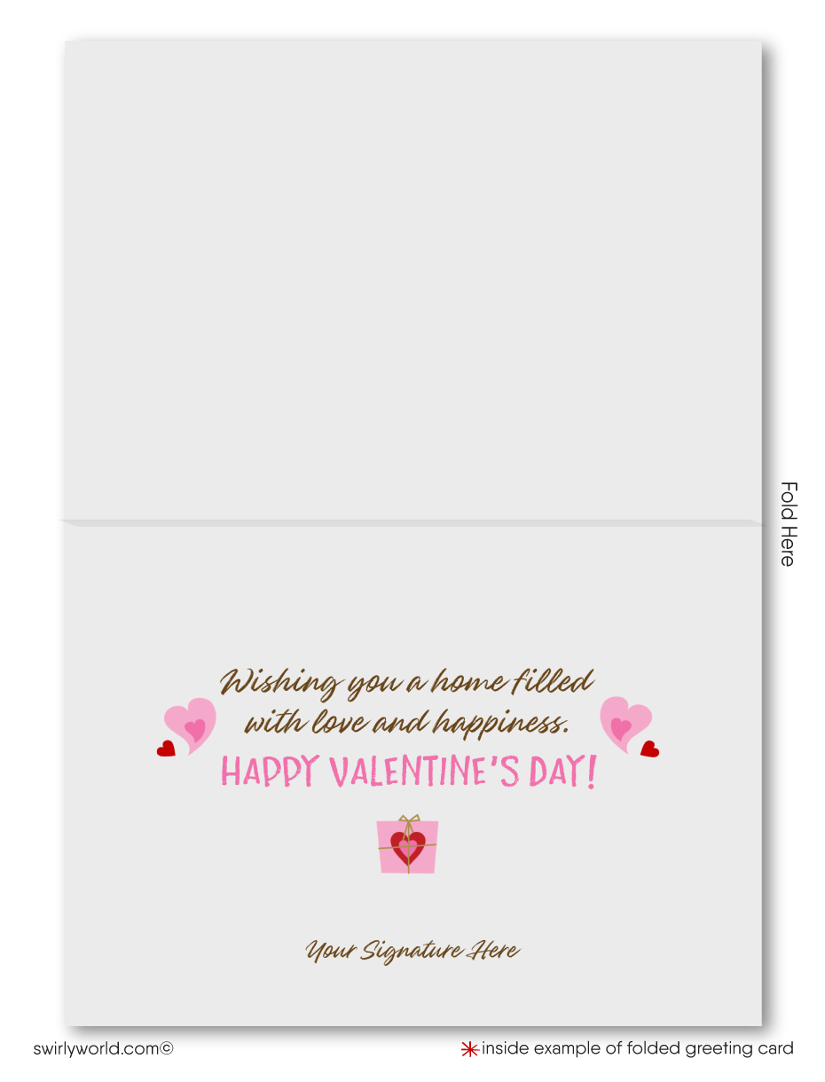 This Valentine's Day greeting card charmingly displays a birdhouse with a pink heart-shaped entrance, where a joyful little bird perches on the branches of a cherry tree, symbolizing the warmth of a home. Another bird approaches, carrying a Valentine's Day gift, adding a playful and joyful element to the scene.