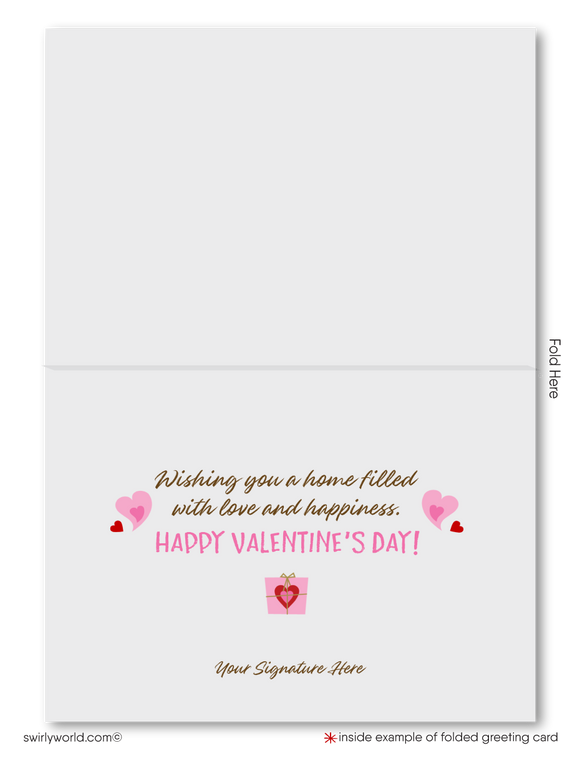 This Valentine's Day greeting card charmingly displays a birdhouse with a pink heart-shaped entrance, where a joyful little bird perches on the branches of a cherry tree, symbolizing the warmth of a home. Another bird approaches, carrying a Valentine's Day gift, adding a playful and joyful element to the scene.