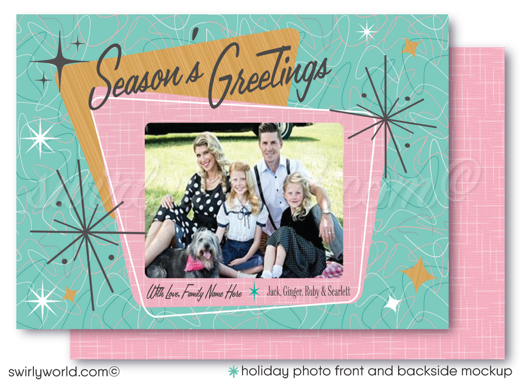 Custom Mid-Century Modern Family Holiday Photo Card - Retro 1950s Design with Starbursts, Mod Deer, Powder Pink & Aqua Theme