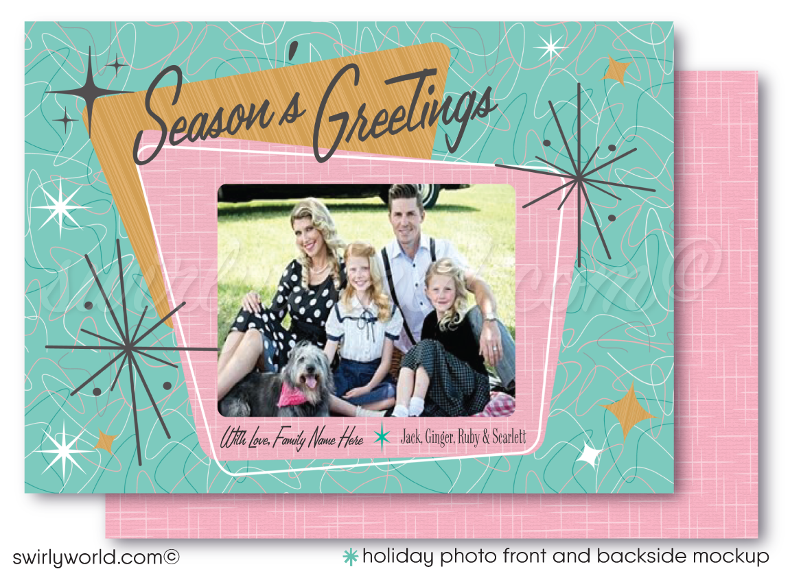 Pink and Aqua Blue Retro Atomic Modern Christmas Holiday Photo Card Digital Printable Download