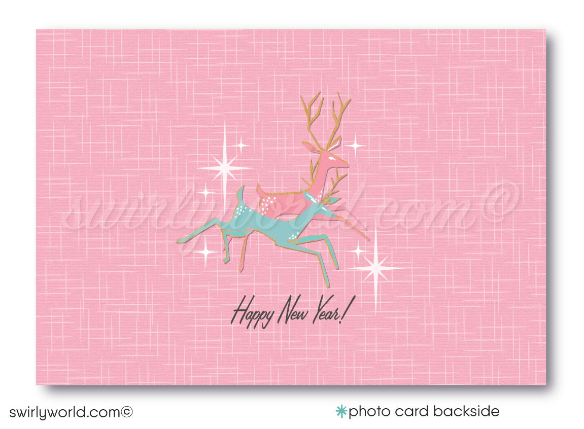 Custom Mid-Century Modern Family Holiday Photo Card - Retro 1950s Design with Starbursts, Mod Deer, Powder Pink & Aqua Theme