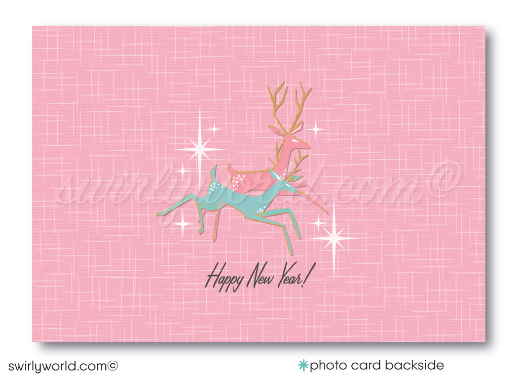 Pink and Aqua Blue Retro Atomic Modern Christmas Holiday Photo Card Digital Printable Download