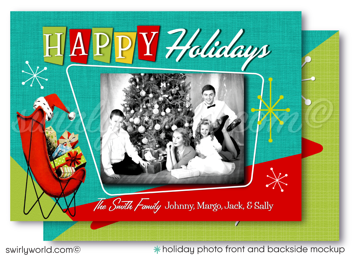 Atomic Mid-Century Modern 1950s-1960S MCM Christmas Family Photo Card - swirly-world-design atomic-mid-century-modern-1950s-1960s-mcm-christmas-family-photo-card-swirly-world-design