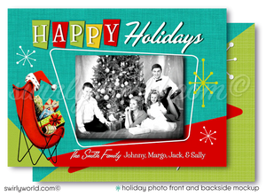 Retro Mid-Century Modern Vintage Family Holiday Photo Card – 1950s Mod Chair, Atomic Starbursts