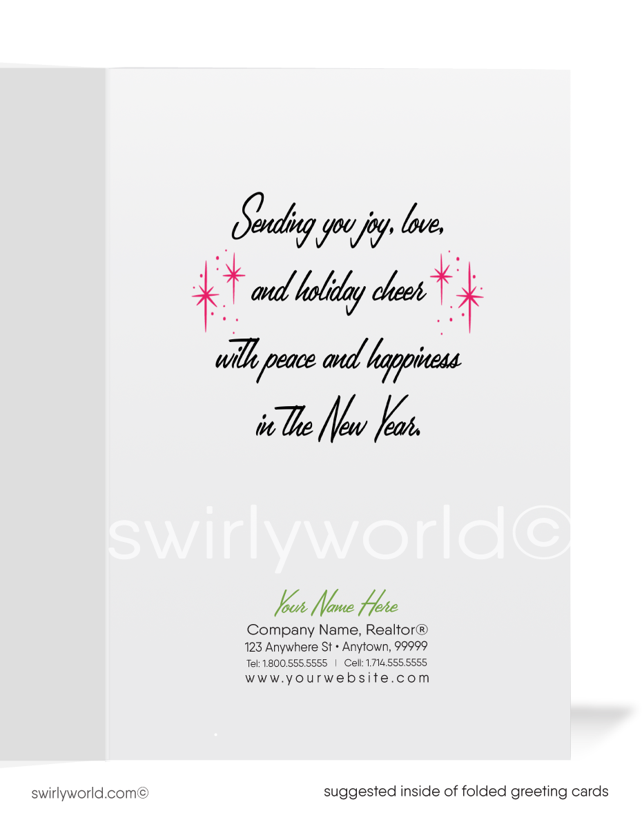 1950s-1960s Pink & Green Atomic Retro Mod Mid-Century Trees Holiday Greeting Cards