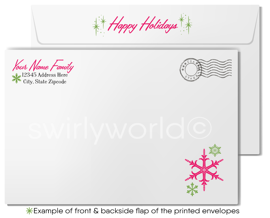 1950s-1960s Pink & Green Atomic Retro Mod Mid-Century Trees Holiday Greeting Cards