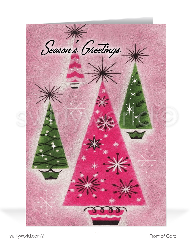 1950s-1960s Pink & Green Atomic Retro Mod Mid-Century Trees Holiday Greeting Cards
