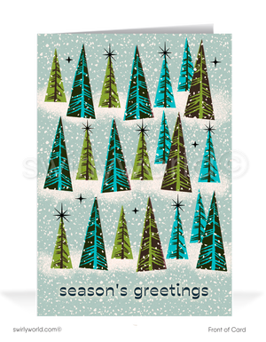 Embrace nostalgia with our 1960s Retro Atomic Mid-Century Modern Holiday Trees MCM Greeting Cards. Perfect for spreading holiday cheer with a touch of vintage charm. Order now for a trip back in time!