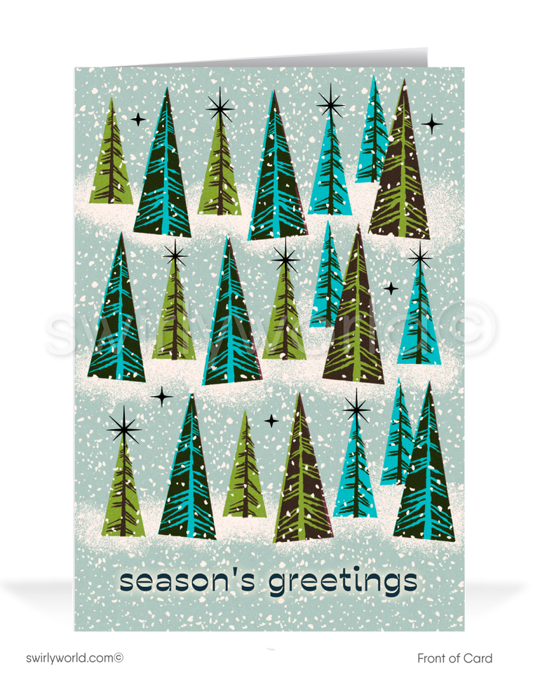 Embrace nostalgia with our 1960s Retro Atomic Mid-Century Modern Holiday Trees MCM Greeting Cards. Perfect for spreading holiday cheer with a touch of vintage charm. Order now for a trip back in time!