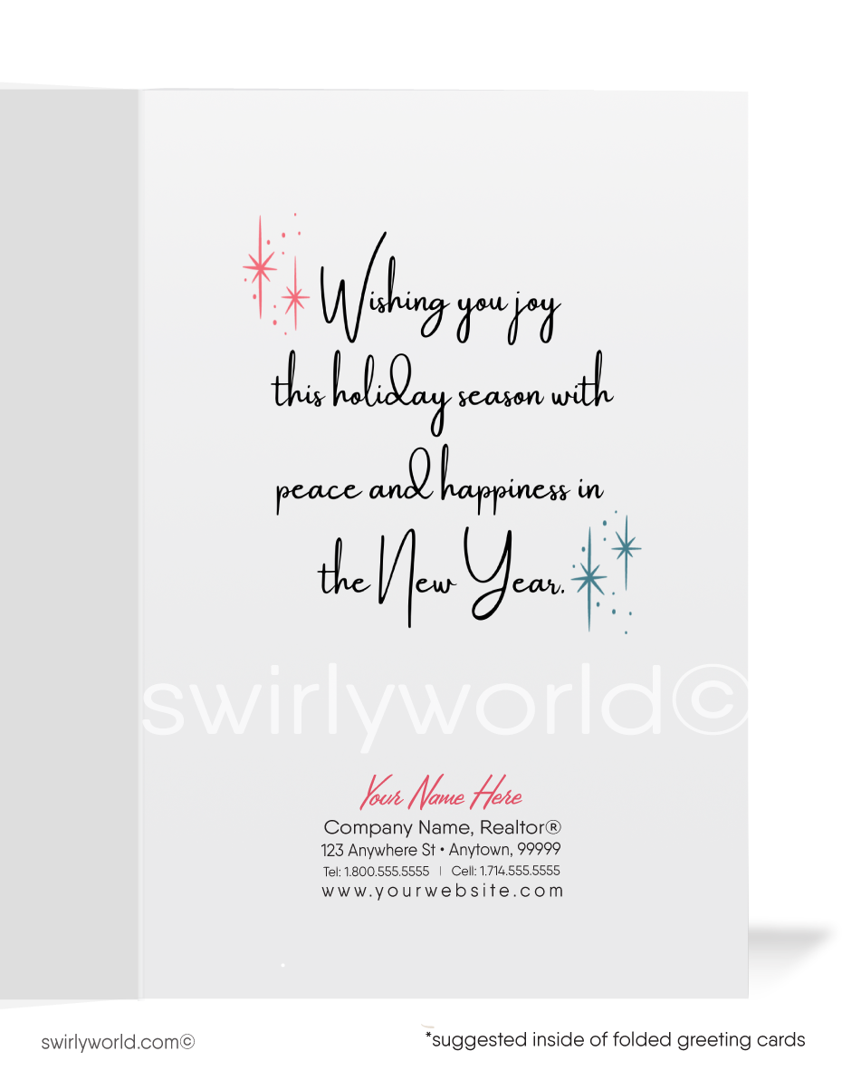 This one-of-a-kind card showcases beautiful atomic mod-looking deers, boasting modern and sleek lines, surrounding a retro aluminum tree adorned with ornaments and an iconic starburst atop. 