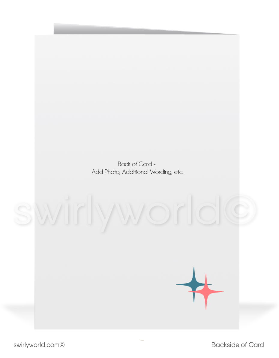 1960s Atomic Pink and Blue Mod Deers and Aluminum Tree Retro Holiday Christmas Card