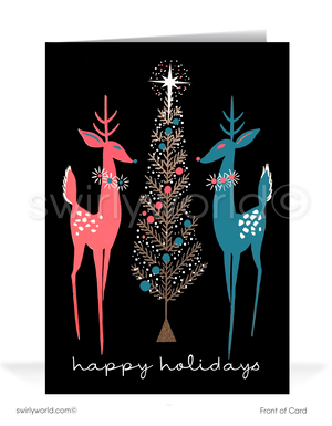 This one-of-a-kind card showcases beautiful atomic mod-looking deers, boasting modern and sleek lines, surrounding a retro aluminum tree adorned with ornaments and an iconic starburst atop. 