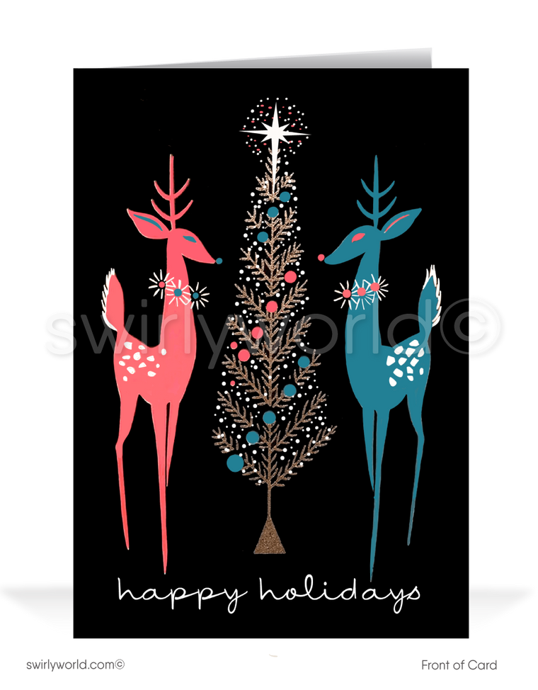 This one-of-a-kind card showcases beautiful atomic mod-looking deers, boasting modern and sleek lines, surrounding a retro aluminum tree adorned with ornaments and an iconic starburst atop. 