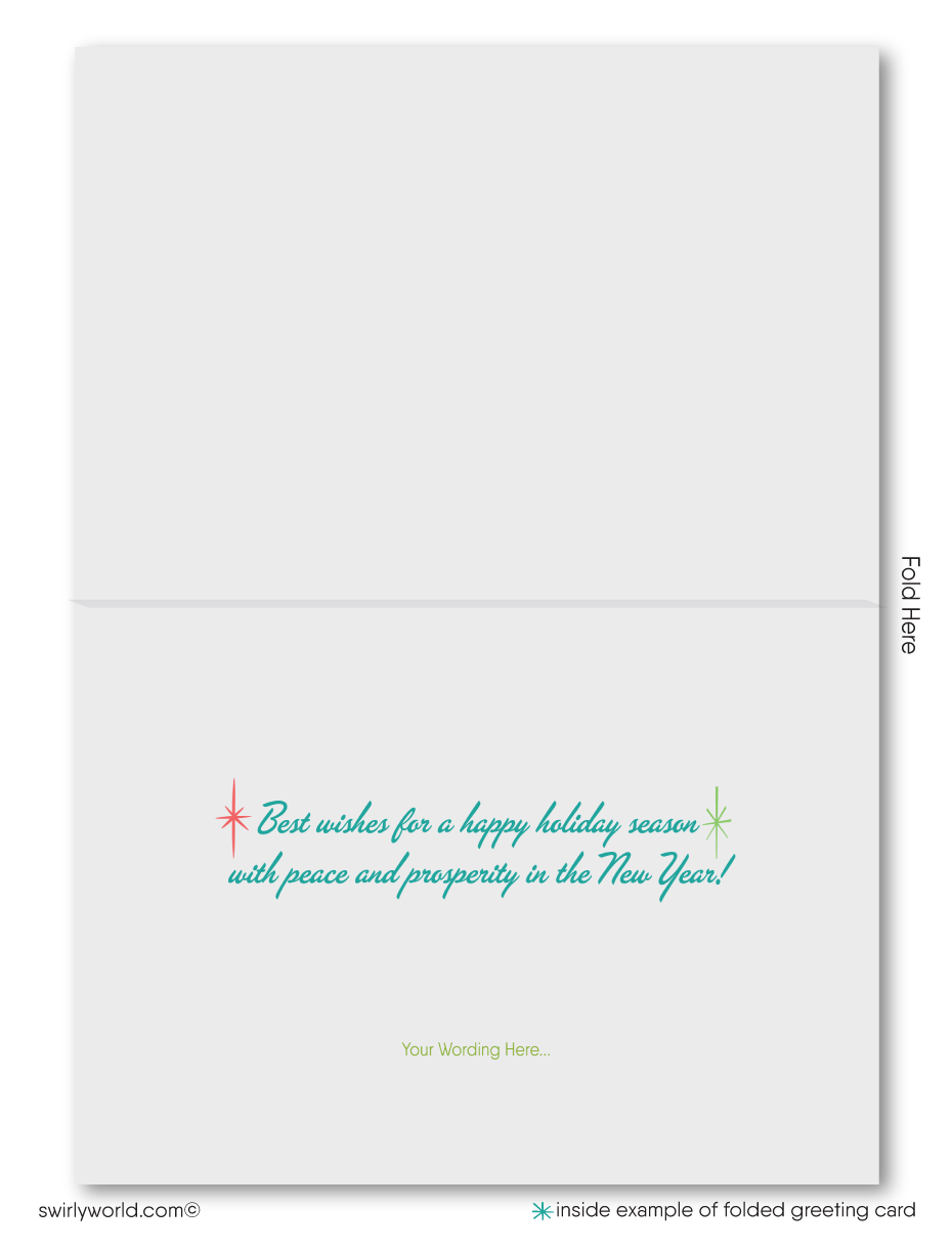 Swirly World’s exclusive 1950s Atomic Era holiday card brings retro charm to life with vibrant starbursts, mod shapes, and vintage typography for a nostalgic holiday touch.