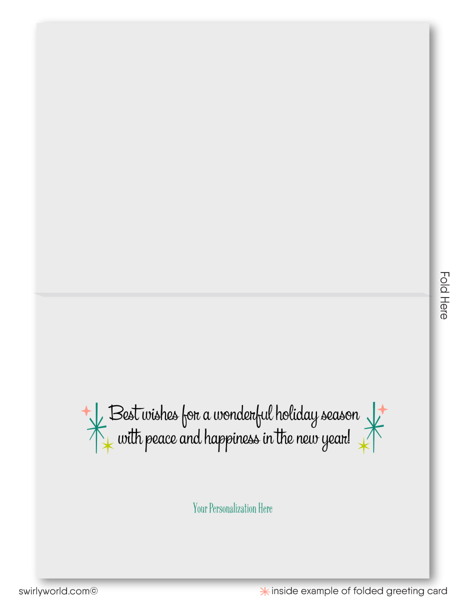 Customizable Mid-Century Christmas Card with Atomic Starburst Candles and Retro Typography