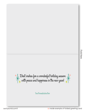 Customizable Mid-Century Christmas Card with Atomic Starburst Candles and Retro Typography