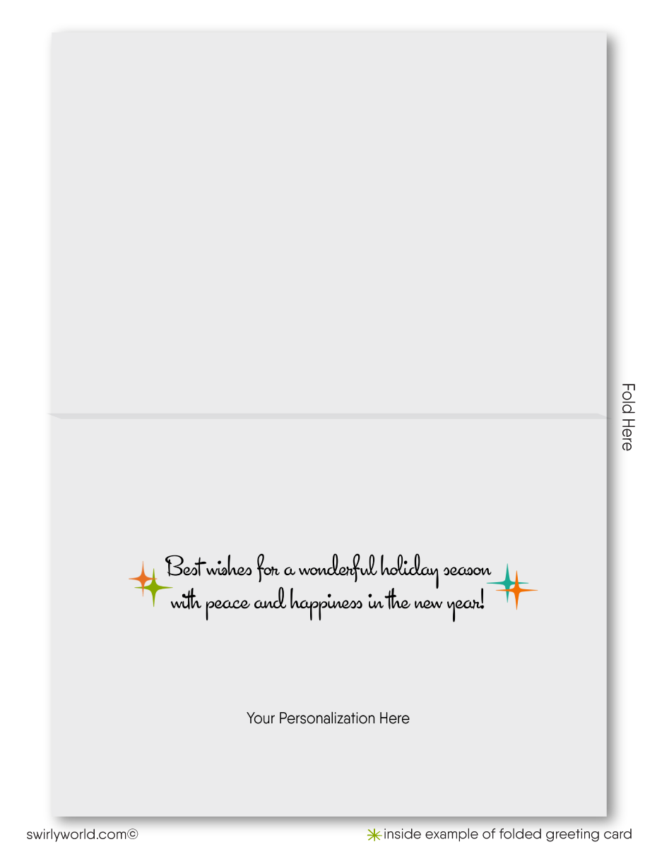 Swirly World Designs brings vintage Christmas Holiday cards to life with authentic mid-century typography and retro starbursts. Customizable messaging and premium card stock make these perfect for adding retro elegance to client and customer greetings. Choose flat or folded cards with optional personalized envelopes.