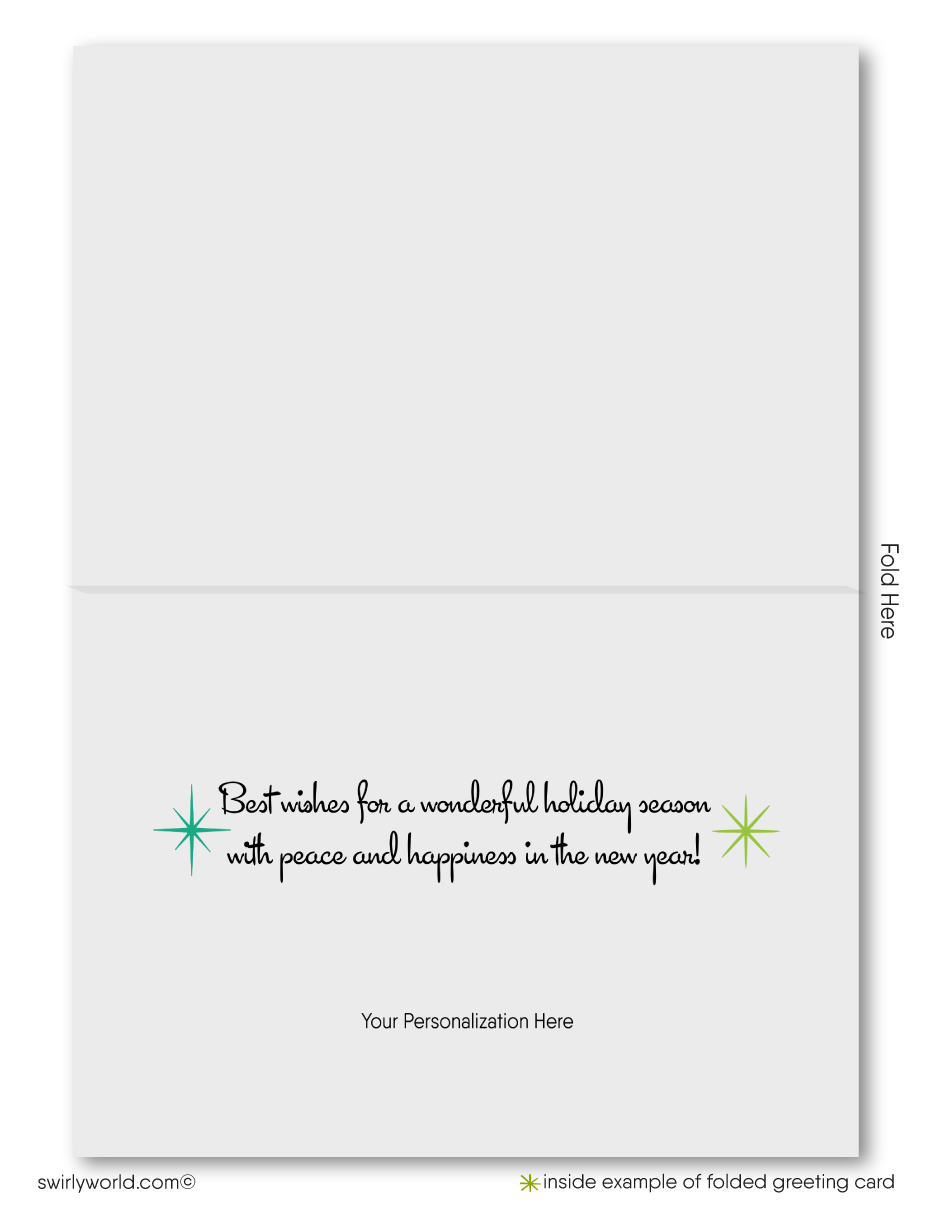 Swirly World Designs offers chic Season's Greetings cards in teal and green with mid-century modern motifs like retro starbursts and geometric shapes. Customizable and crafted on premium card stock, these cards make a stylish impression for clients and customers. Choose flat or folded cards with optional personalized envelopes.