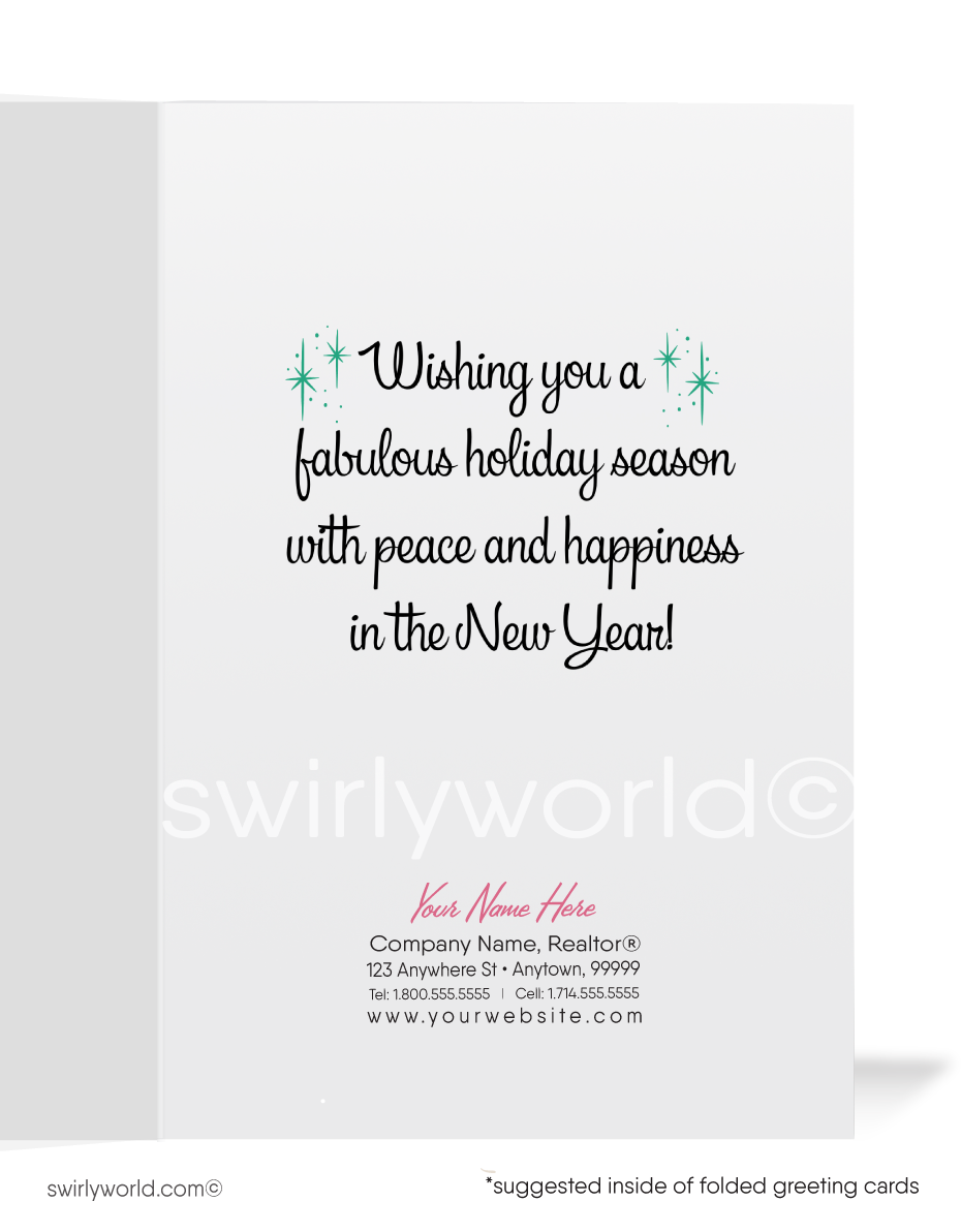 1960s retro atomic modern vintage mid-century Christmas MCM holiday greeting cards for women.