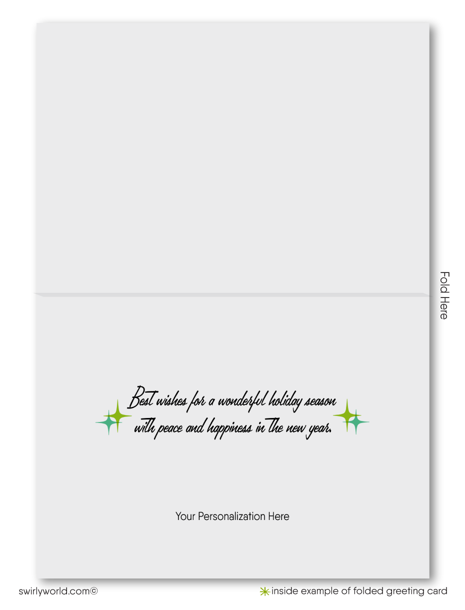 Retro atomic modern vintage style 1960's blue green Christmas holiday cards.