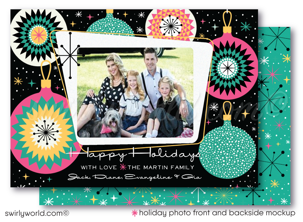 Retro Atomic Modern Ornaments Christmas Holiday Family Photo Cards Printed