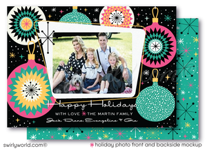 Retro Atomic Modern Ornaments Christmas Holiday Family Photo Cards Printed