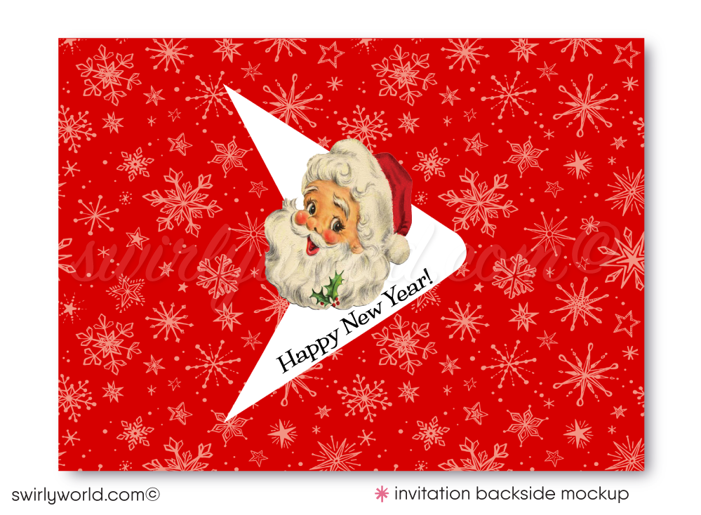 Celebrate the season with our retro Family Photo Card! Kitschy 1950s Santa, atomic starbursts, chalkboard background, and customizable text for nostalgic charm.