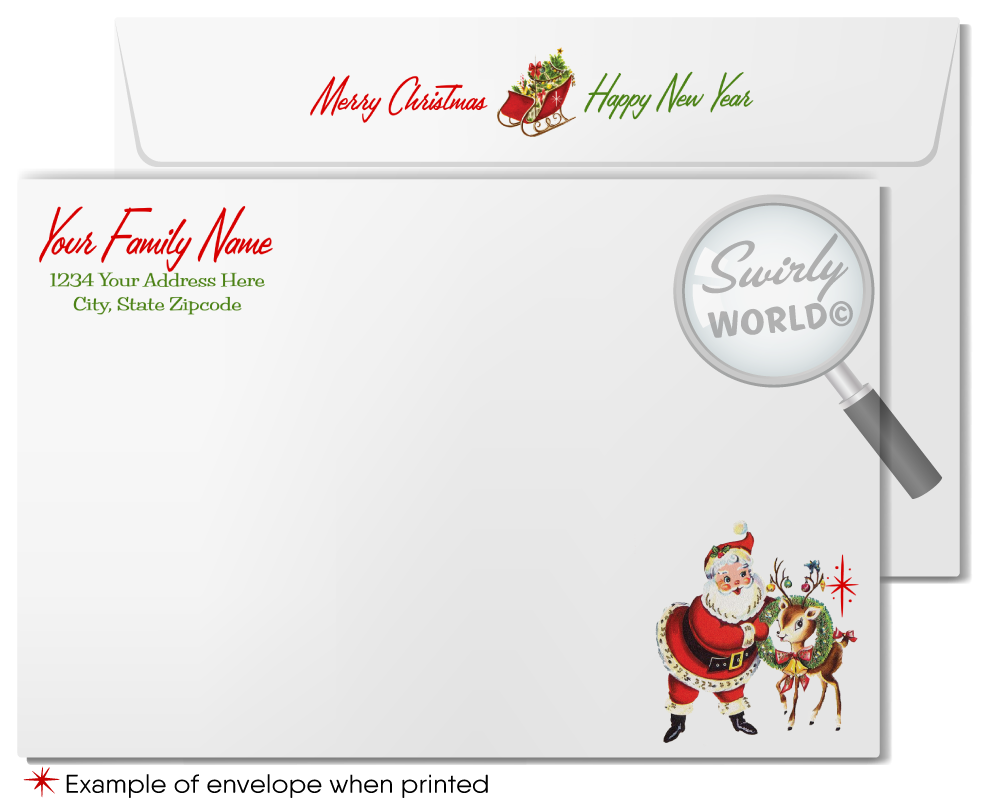 1950s Kitschy Santa Family Holiday Photo Card – Retro Chalkboard Design with Atomic Starbursts and Customizable Text
