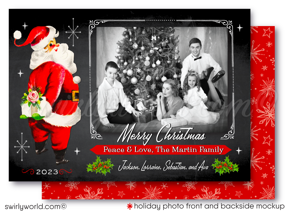 Celebrate the season with our retro Family Photo Card! Kitschy 1950s Santa, atomic starbursts, chalkboard background, and customizable text for nostalgic charm.