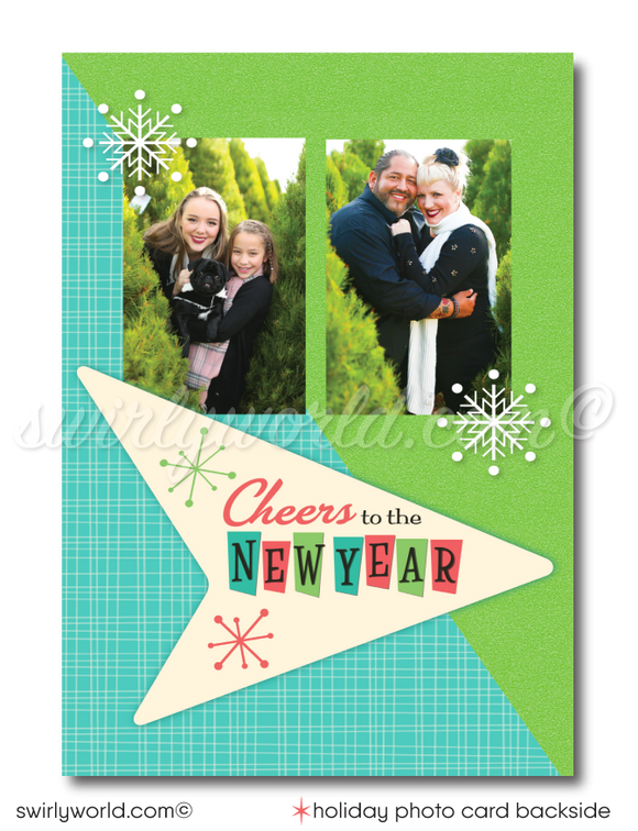 Elevate your holiday greetings with our enchanting Family Holiday Photo Card featuring a captivating 1950s vintage motif exquisitely designed on a charming MCM style background.