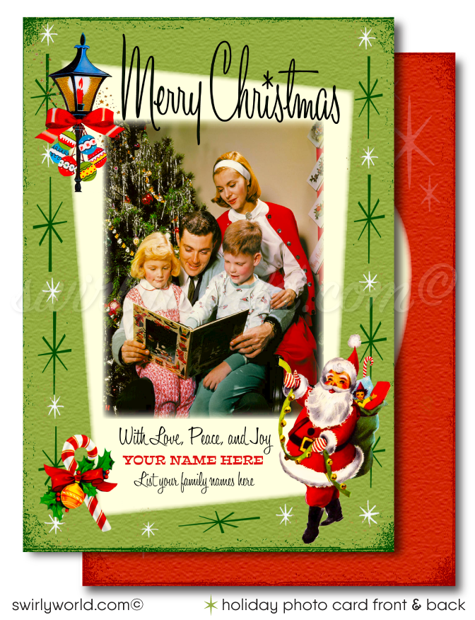 Retro 1950s Mid-Century Vintage Christmas Santa Printed Holiday Family Photo Cards