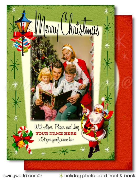 Retro 1950s Mid-Century Vintage Christmas Santa Printed Holiday Family Photo Cards