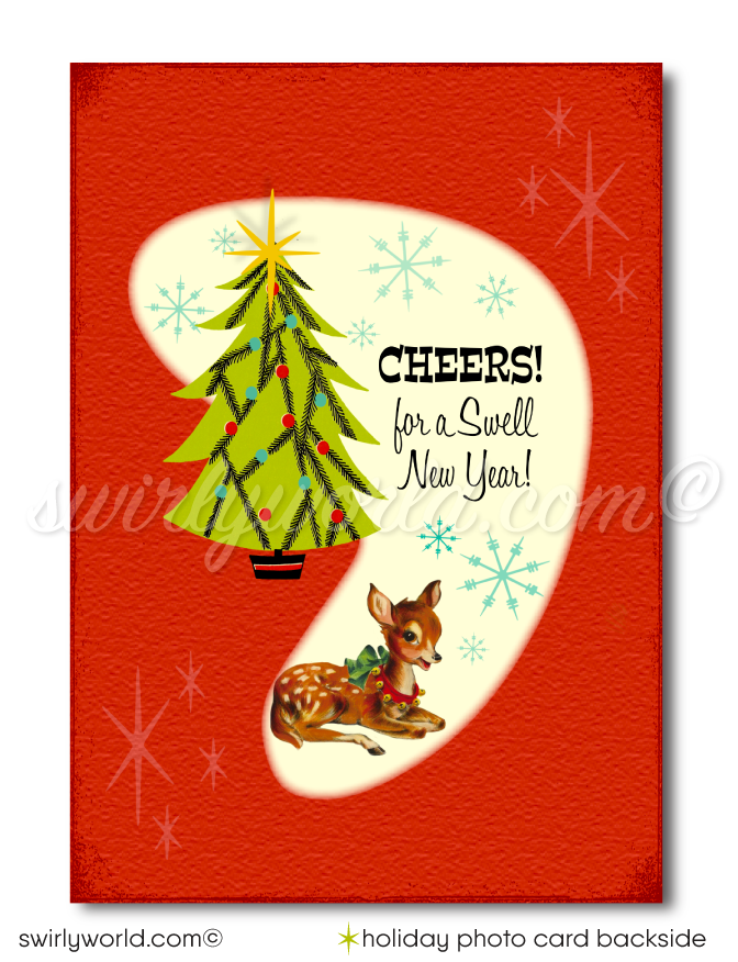 Retro 1950s Mid-Century Vintage Christmas Santa Printed Holiday Family Photo Cards