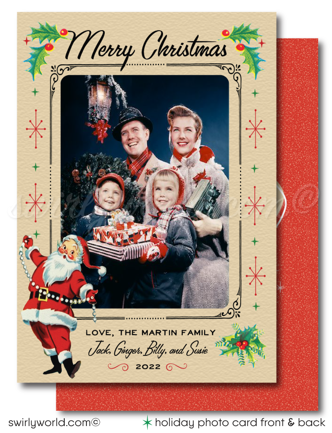 Transport your holiday greetings to the 1950s with our Mid-Century Modern Retro Christmas Photo Cards! Featuring a fabulous backside design, these digital downloads offer a unique blend of retro 1950's charm and contemporary convenience. Elevate your family photos with vintage flair in this Atomic Modern holiday design. Stand out with our exclusive collection—Mid-Century Modern Christmas cards that capture the essence of a bygone era!
