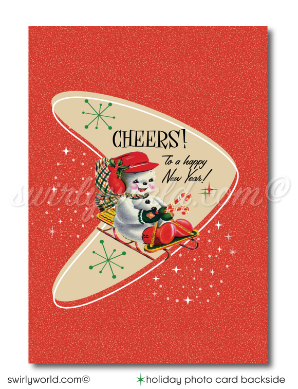 Transport your holiday greetings to the 1950s with our Mid-Century Modern Retro Christmas Photo Cards! Featuring a fabulous backside design, these digital downloads offer a unique blend of retro 1950's charm and contemporary convenience. Elevate your family photos with vintage flair in this Atomic Modern holiday design. Stand out with our exclusive collection—Mid-Century Modern Christmas cards that capture the essence of a bygone era!