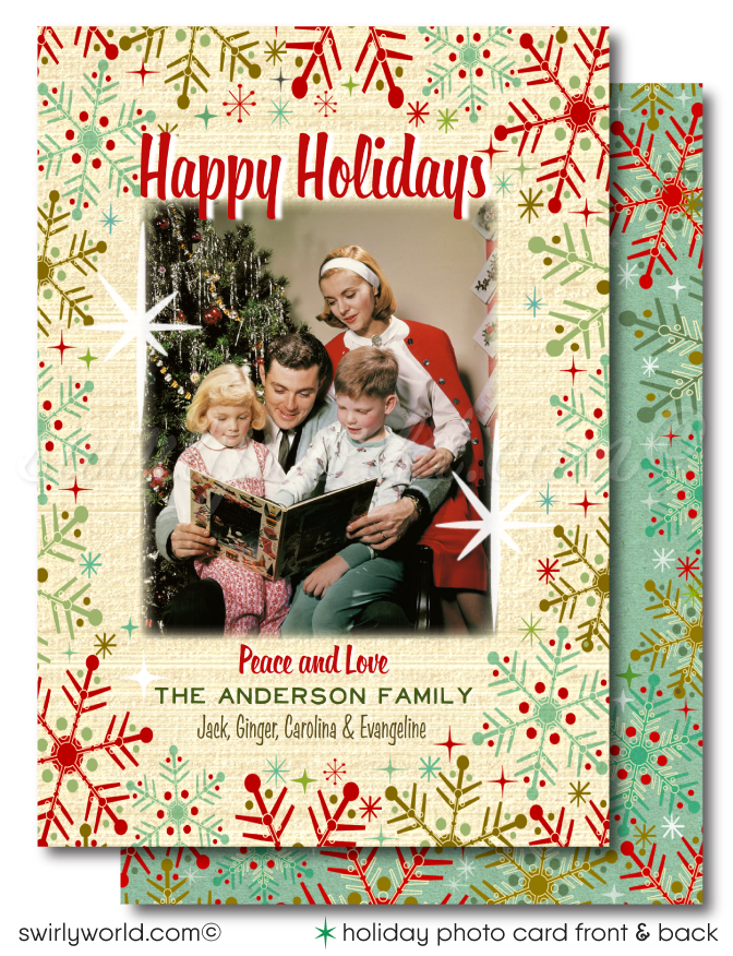 Retro Atomic Mid-Century Modern Snowflakes Christmas Holiday Photo Card Digital Printable