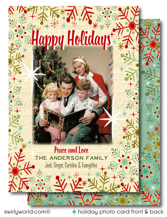Retro Atomic Mid-Century Modern Snowflakes Christmas Holiday Family Photo Cards Printed